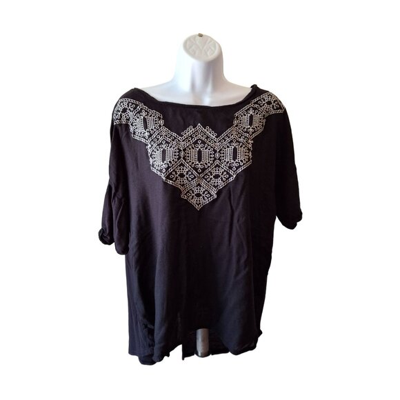 Lucky Brand Womens Tunic Top XL Black Geometric Embroidered Aztec Split Back - Picture 1 of 6